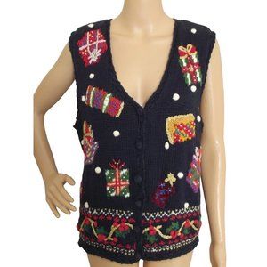 Erika Petites Christmas Sweater Vest PM Hand Knit navy blue presents holly berry